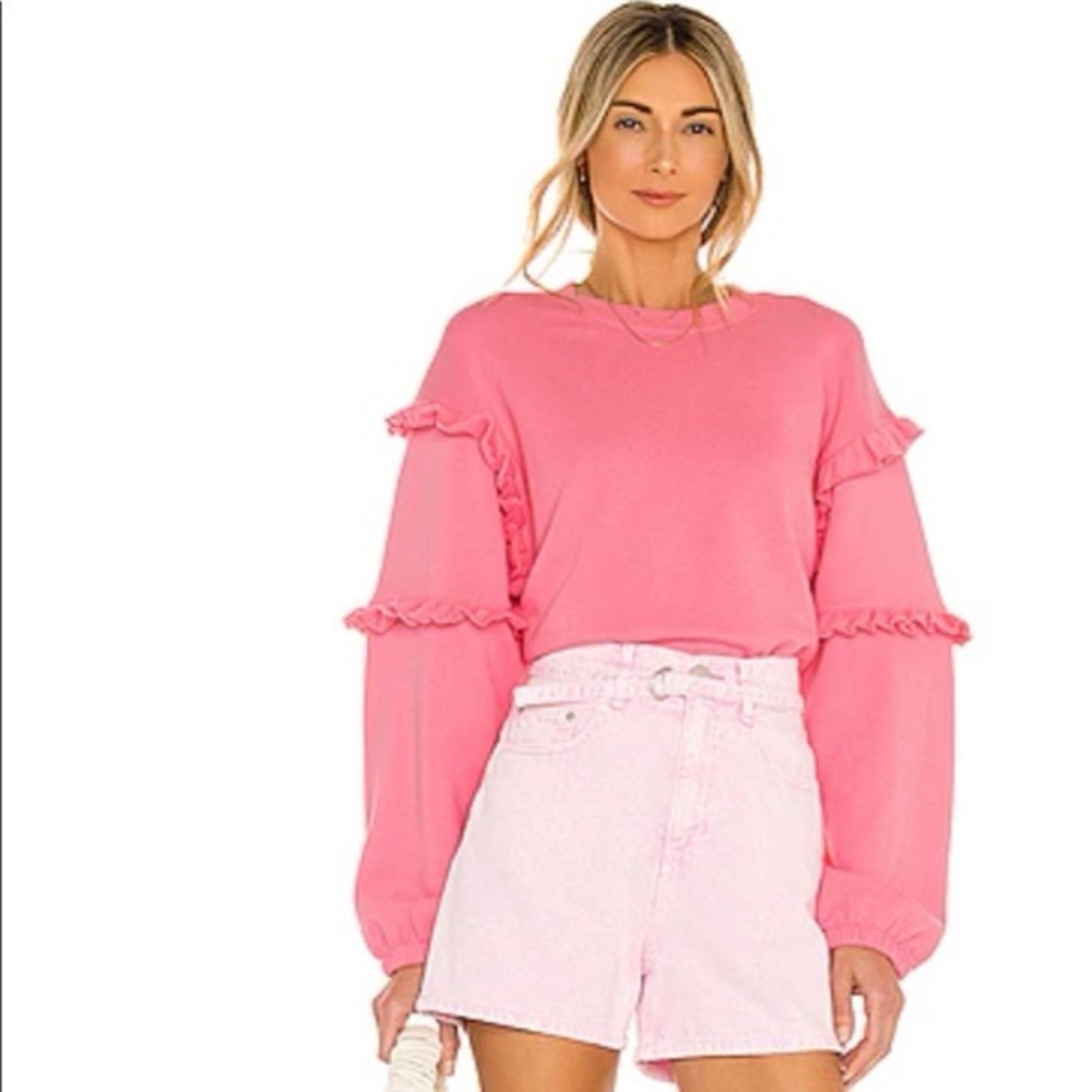 Rebecca Minkoff Pink Ruffle-Sleeve Crewneck Sweater